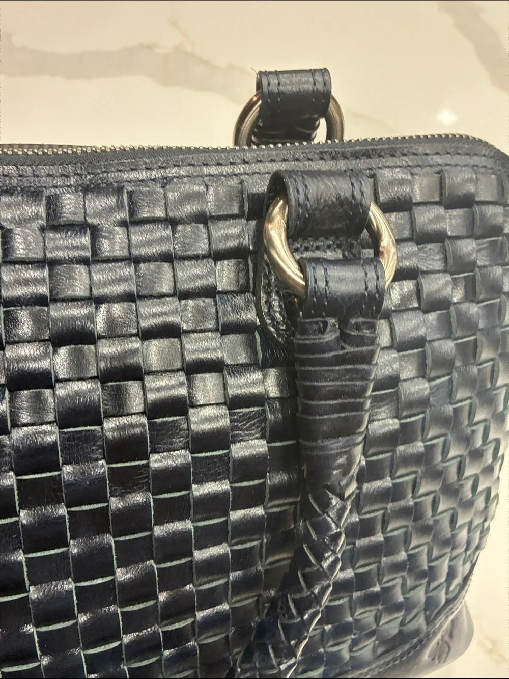 Augusta Satchel Vintage Distressed Woven Leather | Navy Blue